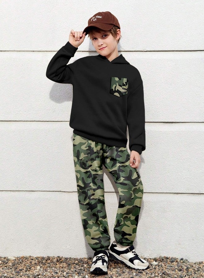 KANGKANG Boys Clothes Size 8 Size 7, Kids Clothing Two Piece Hooded Sweatshirt Top and Camouflage Sweatpants with Side Big Cargo Pocket Kids Fall Outfits Winter Outfits Set - Image 2